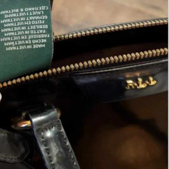 LRL RALPH LAUREN GLAZED LEATHER SATCHEL HAND BAG with GOLD Logo HARDWARE - Picture 13 of 16